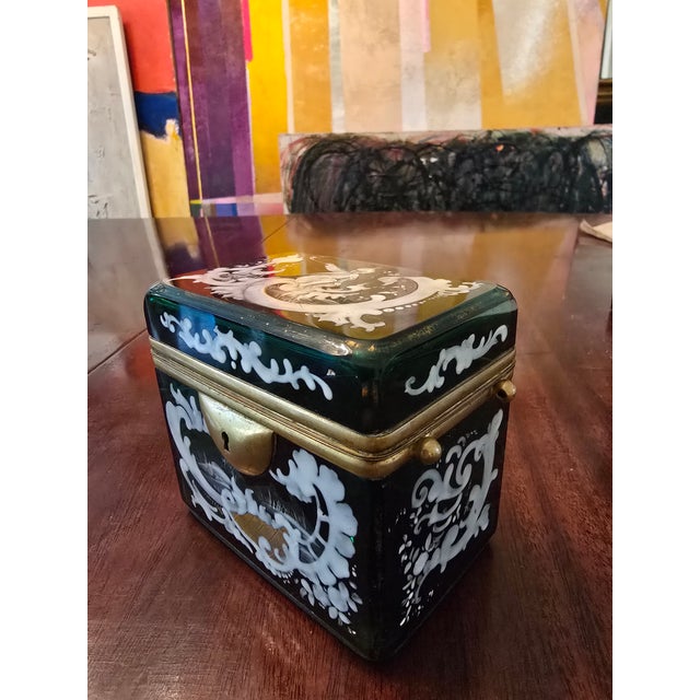 Art Nouveau Antique Bohemian Glass Moser Emerald Crystal Jewel Box For Sale - Image 3 of 11