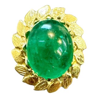 6.68 Carat Zambian Emerald Cabochon Cocktail Ring 14 Karat Yellow Gold For Sale