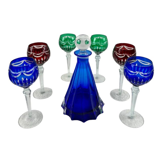 Rare Murano Glass Decanter in Cobalt Blue With Jewel-Tone StemGlasses Set, 7 PCS For Sale