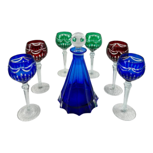Rare Murano Glass Decanter in Cobalt Blue With Jewel-Tone StemGlasses Set, 7 PCS