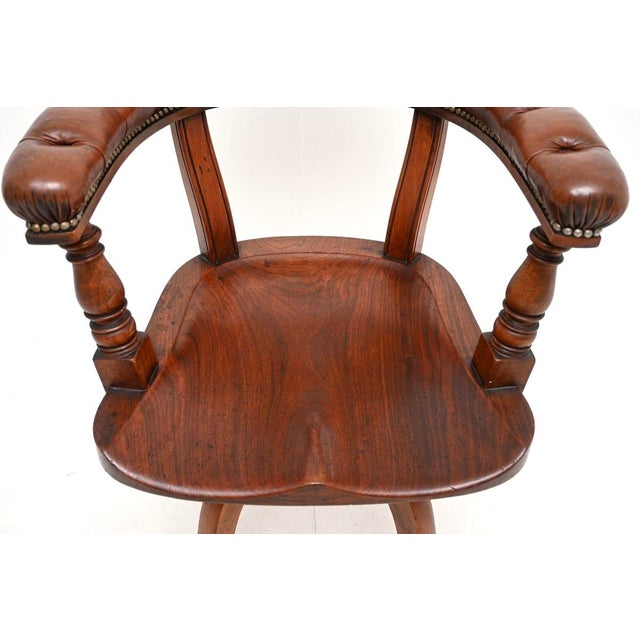 Wood Antique Victorian Oak and Leather Swivel Desk Chair attributed to James Shoolbred, 1880 For Sale - Image 7 of 9