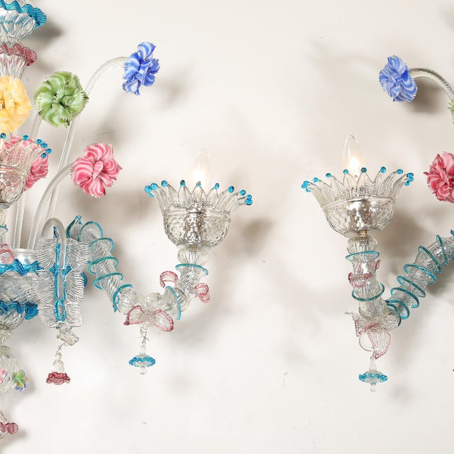 1950s 1950s Mid-Century Hand-Blown Murano 3-Arm Classical Wall Sconces - a Pair For Sale - Image 5 of 18