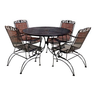 1980s Black Meadowcraft Dogwood Patio Wrought Iron Dining Set 4 Chairs Table, Attributed For Sale