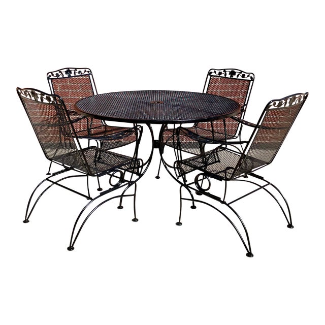 1980s Black Meadowcraft Dogwood Patio Wrought Iron Dining Set 4 Chairs Table, Attributed For Sale