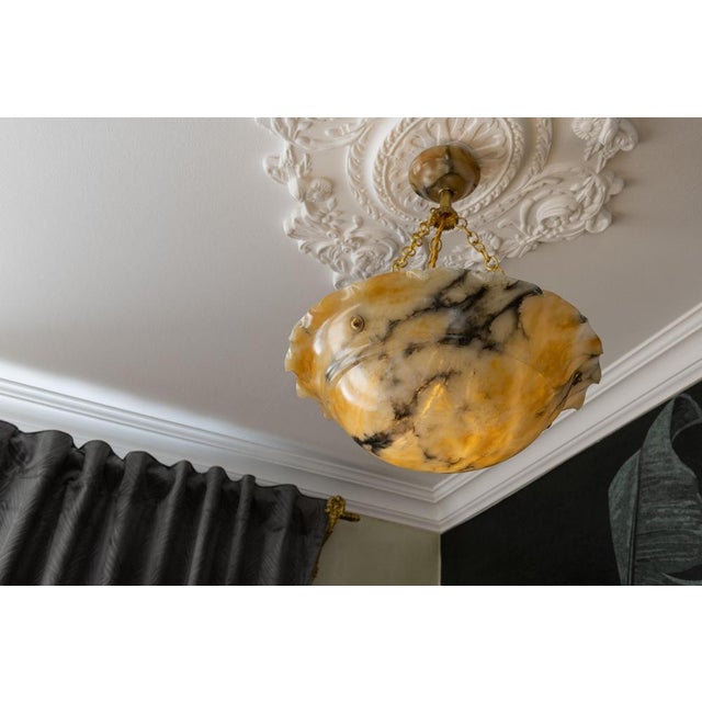 French Art Deco Yellow Alabaster Pendant with Dark Veining & Brass, 1920s For Sale - Image 4 of 18