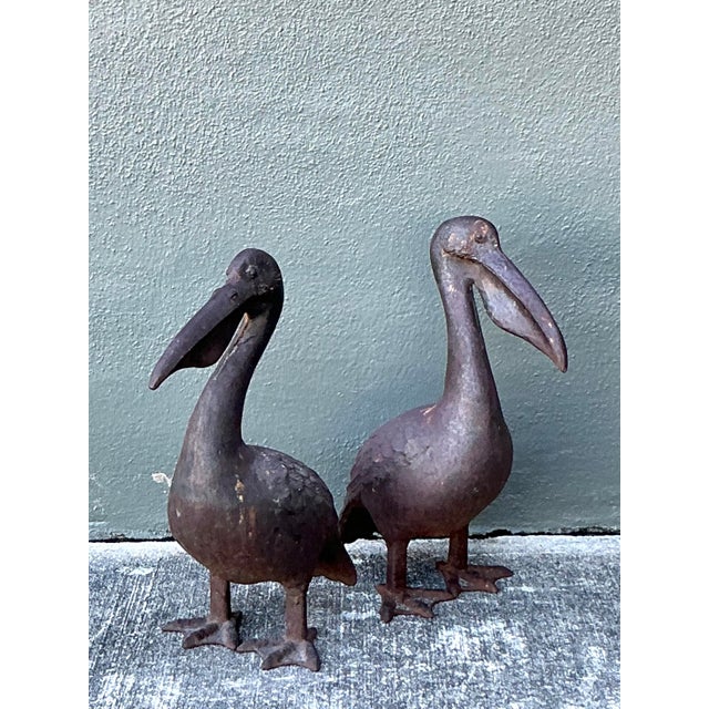 Metal Vintage Boho Patinated Wrought Iron Pelicans - Set of 2 For Sale - Image 7 of 7