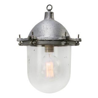 Vintage Industrial Metal and Clear Glass Pendant Light For Sale
