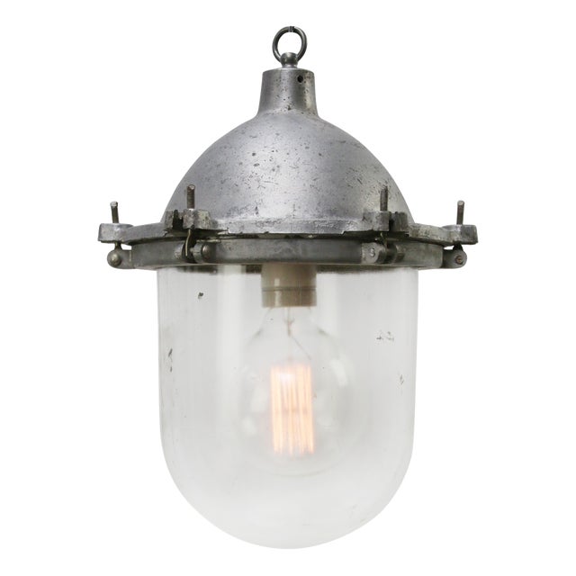 Vintage Industrial Metal and Clear Glass Pendant Light For Sale