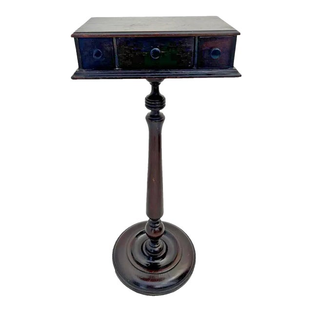 1910s Antique Victorian Butlers Table Three Drawers Round Pedestal Base Petite Size For Sale