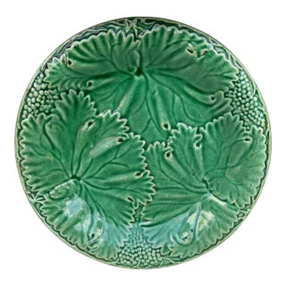 French Green Majolica Leaves Plate Salins, Circa 1890 For Sale