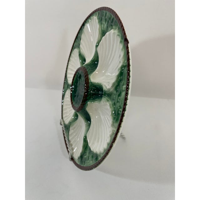 Antique 1920s French Longchamp Majolica Green and White Oyster Plate For Sale - Image 10 of 15