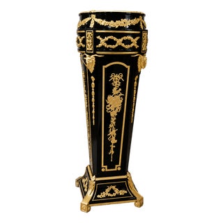 Ornate French Style Black Wood Pedestal – Gilt Bronze Accents With Marble Top For Sale