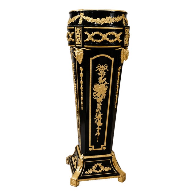 Ornate French Style Black Wood Pedestal – Gilt Bronze Accents With Marble Top For Sale