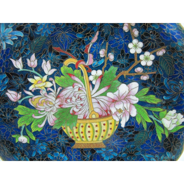 Chinese Chinese Cloisonne Flower Basket Design Decorative Plate Custom Wood Stand For Sale - Image 3 of 10