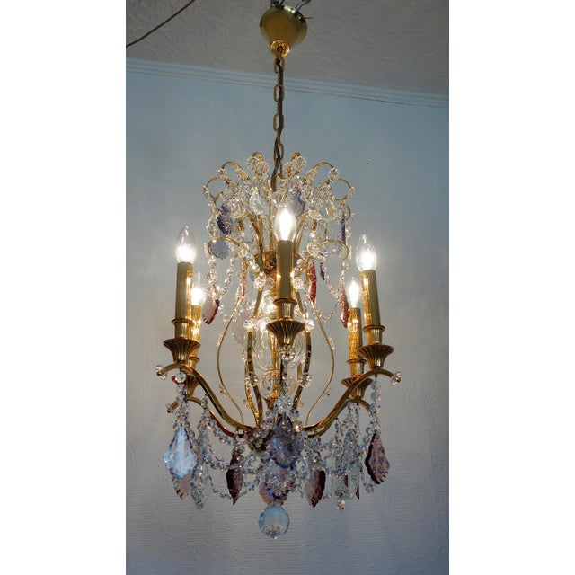 Gold 24K Gold-Plated Brass and Lead Crystal Chandelier, 1970s For Sale - Image 8 of 16