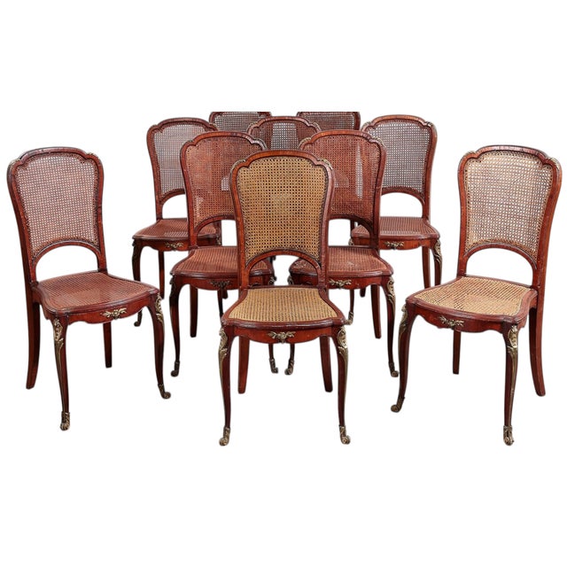 Set of 8 Antique Louis XV Gilt Bronze Mounted Cane & Walnut Dining Chairs For Sale - Image 4 of 4