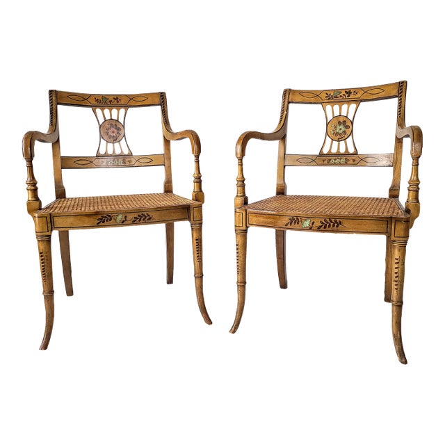 Vintage Mid Century Sheraton Style Hand Painted Armchairs - a Pair For Sale