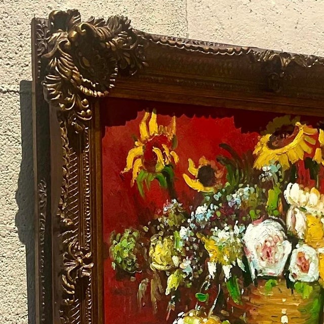 Red Vintage Regency Signed Floral Original Oil Painting on Canvas For Sale - Image 8 of 13