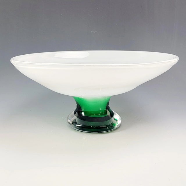 Modern White & Emerald Green Art Glass Pedestal Bowl 12" For Sale - Image 12 of 12