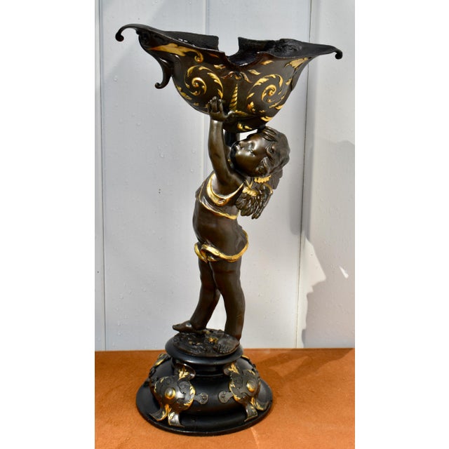 Antique Gilt Bronze Cherub Figure Holding Shell Form Centerpiece Bowl For Sale - Image 12 of 18