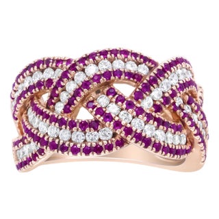 18K Rose Gold Red Ruby and 7/8 Cttw Diamond Woven Braided Band Ring (F-G Color, VS1-VS2 Clarity) - Ring Size 7 For Sale