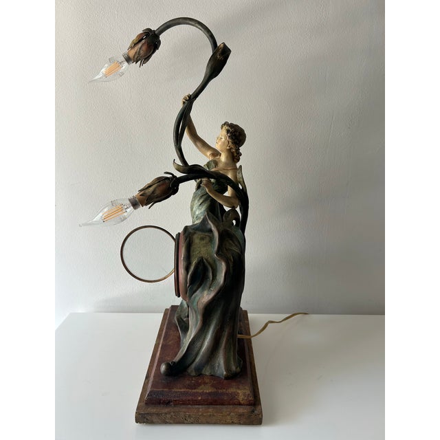 Metal Antique Art Nouveau William L. Gilbert Lamp & Clock For Sale - Image 7 of 12