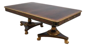 Baker Double Pedestal Neoclassical Burl, Ebony & Gold Dining Table