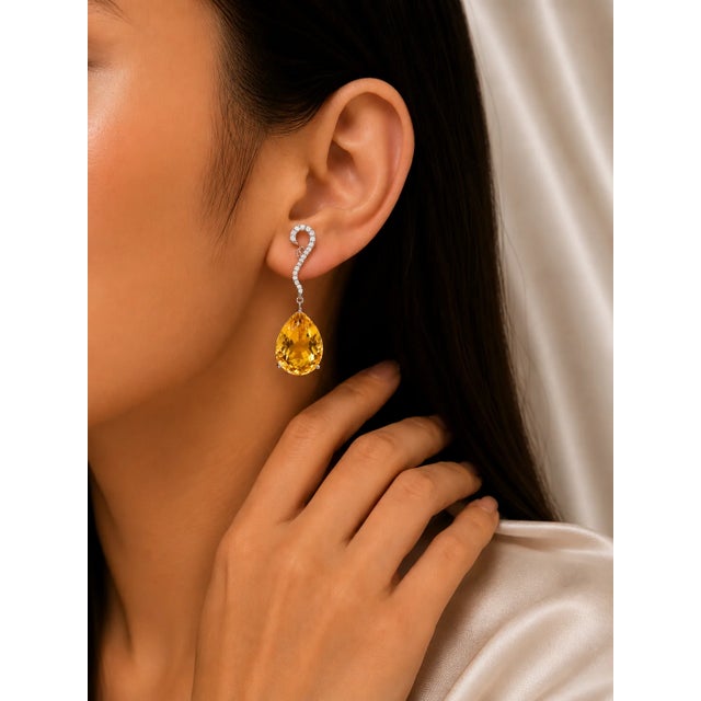 Contemporary Late 20th Century 18K White Gold Diamond Citrine Drop Earrings Pear Citrine, Pair For Sale - Image 3 of 3