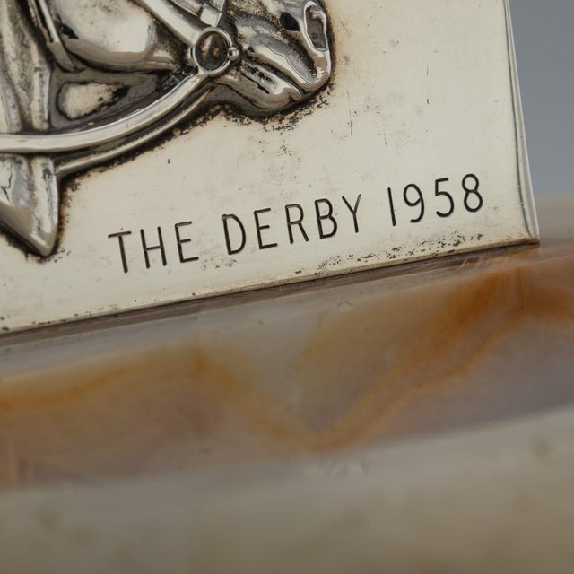 Cream Vintage English Silver and Agate Horse Racing Themed Ashtray, 1957 For Sale - Image 8 of 12