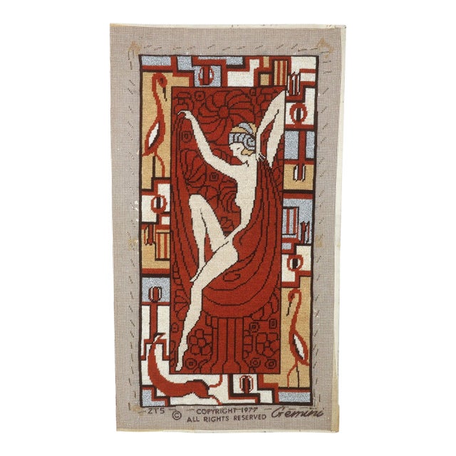 Art Nouveau Deco Style Lady Needlepoint Hanging With Metallic Threading For Sale