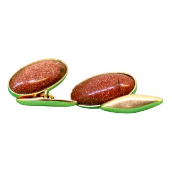 Gold Cufflinks with Oval Brown Stone, Set of 2 For Sale