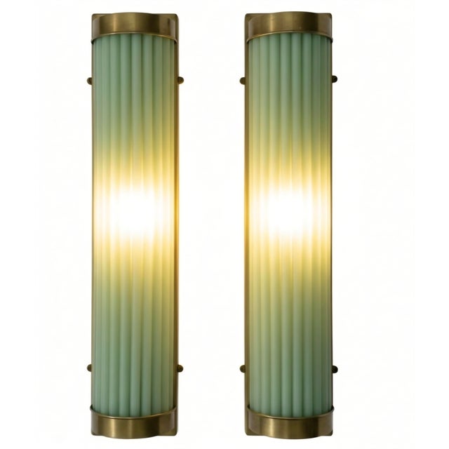 Art Deco Vintage Art Deco Light Old Lamp Wall Sconces Fixture Brass & Green Glass Rod Ship Light - Pair For Sale - Image 3 of 5