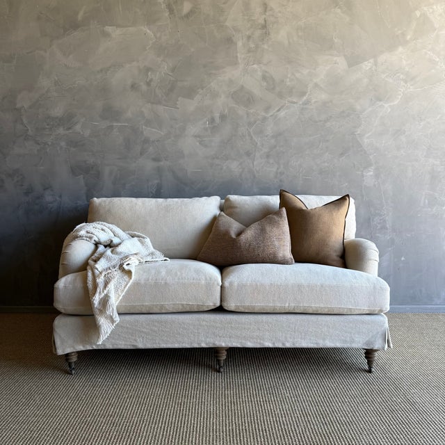 Mid-Century Modern English Arm Loveseat Upholstered in Natural Hemp For Sale - Image 3 of 7