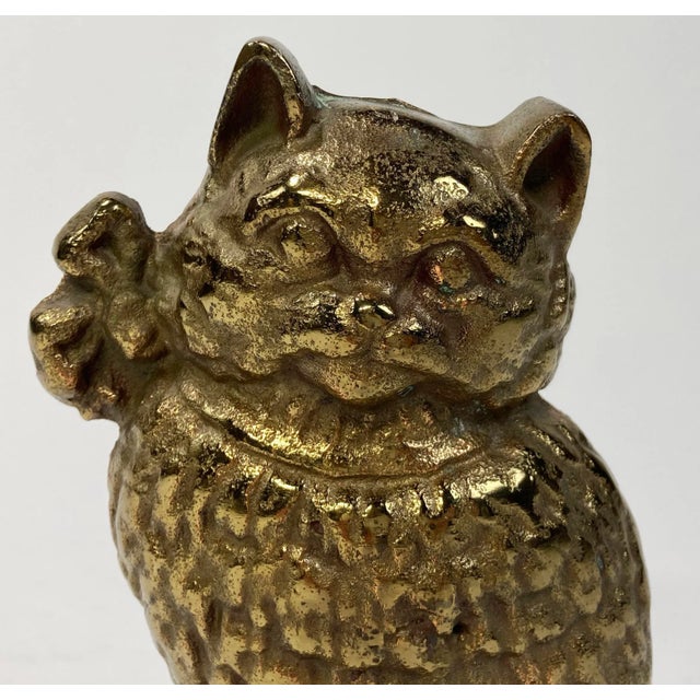 Mid 20th Century Vintage Cast Brass Cat W/ Ribbon Collar Doorstop For Sale - Image 5 of 5