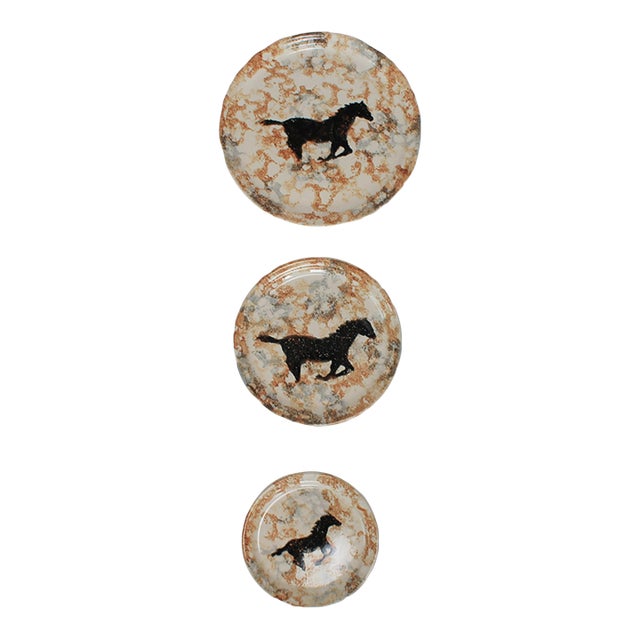 Vintage Equestrian Studio Art Pottery Plates S/3 For Sale