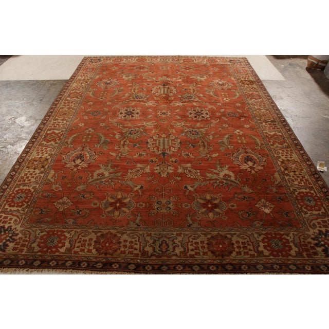 Traditional Hand-Knotted Antique Oushak Rug in Beige-Brown and Red Medallion Pattern For Sale - Image 3 of 8