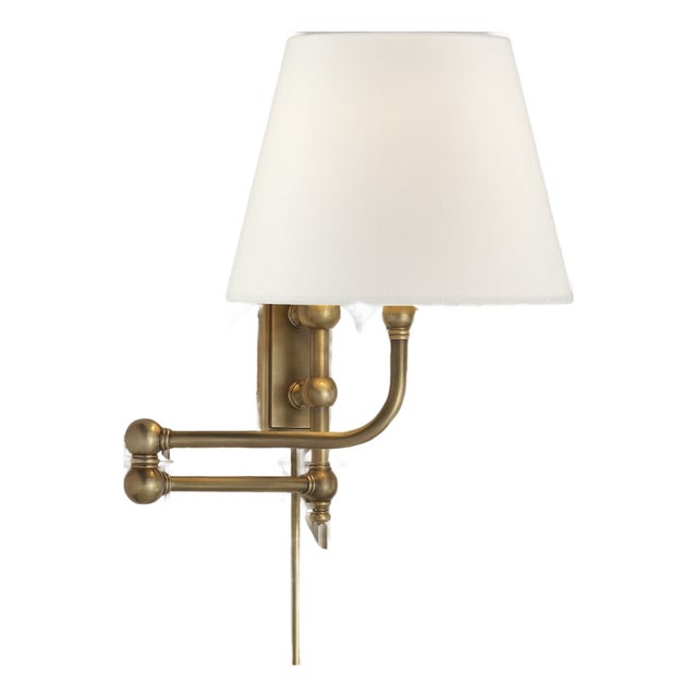 Chapman & Myers for Visual Comfort Signature Pimlico Swing Arm in Antique-Burnished Brass with Linen Shade For Sale