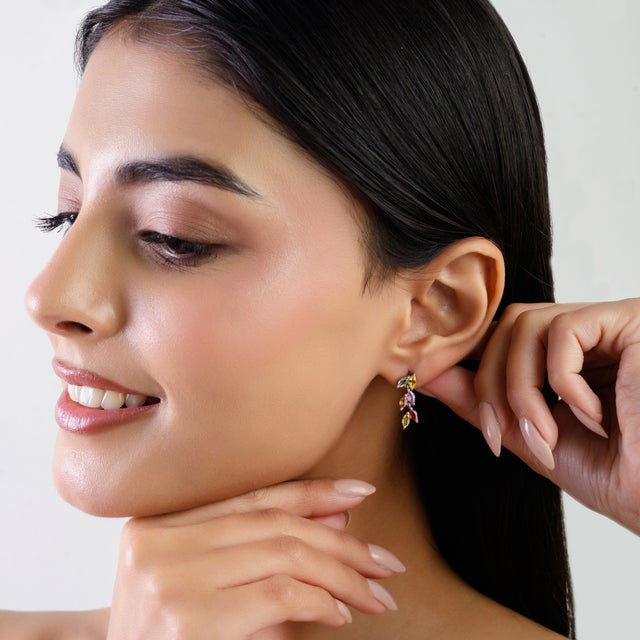 Metal Art Nouveau Inspired Solid Silver Multi Sapphire Dangling Earrings- A Pair For Sale - Image 7 of 10