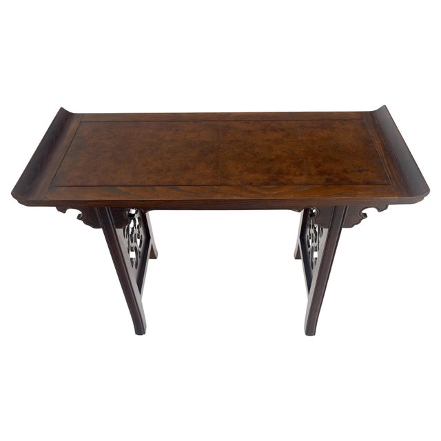 Chocolate Baker Solid Walnut Pierced Carved Legs Rolled Edge Asian Console Sofa Table MINT For Sale - Image 8 of 15