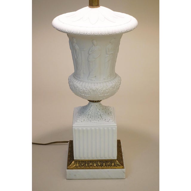 Paul Hanson Xlarge Paul Hanson Neoclassical Modern Hollywood Regency Bisque Ceramic Marble Brass Table Lamp 1960's Italy For Sale - Image 4 of 13