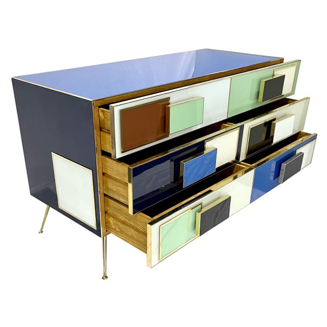 Italian Mondrian Style Blue Green White Brown Modern Brass Dresser/Chest For Sale - Image 9 of 17
