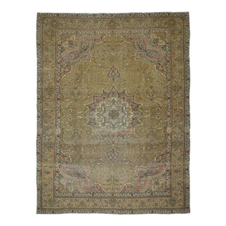 1970s Vintage Persian Handmade Wool Cotton Green Area Rug For Sale