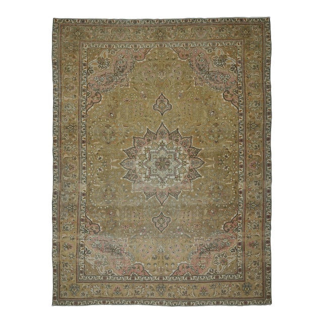 1970s Vintage Persian Handmade Wool Cotton Green Area Rug For Sale