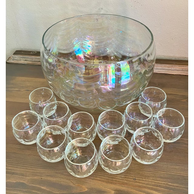 Glass Vintage-Mid Century Draping Iridescent Glass 14 Piece Punch Bowl Set-Includes Glass Ladle Not Pictured For Sale - Image 7 of 9
