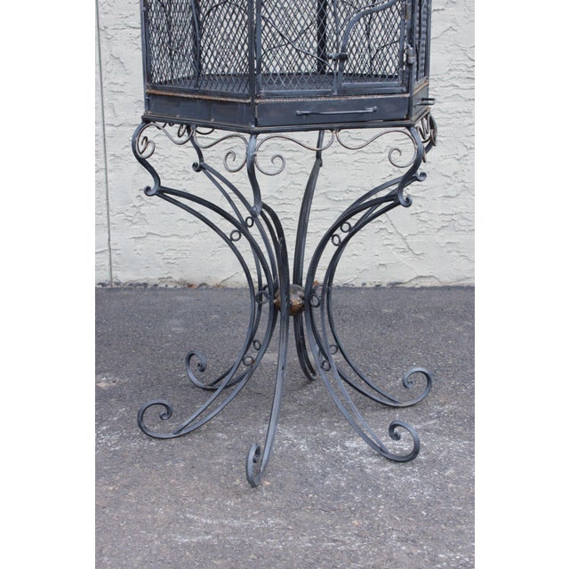 Vintage Wrought Iron Garden Bird Cage On Stand For Sale - Image 11 of 18