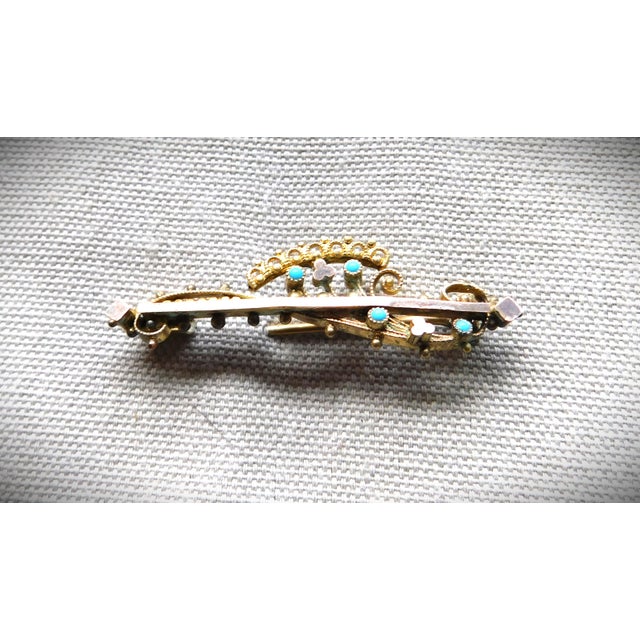 Antique Etruscan Revival 10k Gold Openwork Brooch Pin, Turquoise Stones For Sale - Image 10 of 12