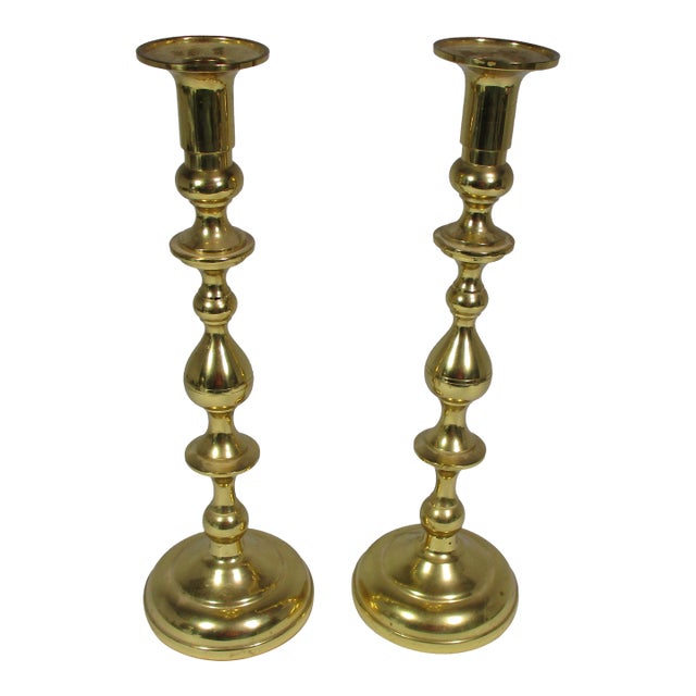 Classic Pair of 1980s Solid Brass Candle Holders For Sale