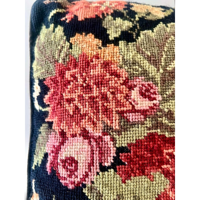 Traditional Vintage Black Floral Needlepoint Pillow For Sale - Image 3 of 9