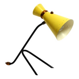 Large Mid-Century Modern Tripod Table Lamp with Yellow Diabolo Lampshade and Adjustable Neck, 1950s For Sale