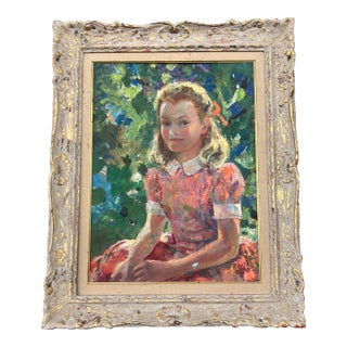 1970’s Original American Impressionist Little Girl Portrait Painting Vintage French Carved Wood Frame For Sale